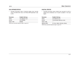 Page 38Basic Operation
SDP-5
2-21
DIGITAL STATUS•Provides information about digital input sources for which a
sample rate is detected, but no audio is present in the input
signal.Parameter Possible SettingsINPUT The selected inputMODE The activated listening modeINPUT TYPE ---SAMPLE RATE 44.1kHz, 48kHz, 88.2kHz, 96kHzSTATUS menu parameter descriptions begin on page 2-22.
2CH BYPASS STATUS•Provides information about 2-channel analog input sources
when the MAIN ADV menu 2-CH ANLG BYP parameter is set
to...