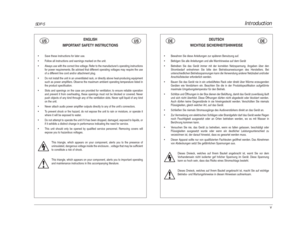 Page 7Introduction
SDP-5
v
ENGLISH
IMPORTANT SAFETY INSTRUCTIONS
•Save these instructions for later use.
•Follow all instructions and warnings marked on the unit.
•Always use with the correct line voltage. Refer to the manufacturer’s operating instructions
for power requirements. Be advised that different operating voltages may require the use
of a different line cord and/or attachment plug.
•Do not install the unit in an unventilated rack, or directly above heat-producing equipment
such as power amplifiers....