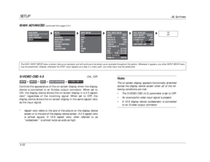 Page 62SETUP
JBL Synthesis
3-22
Note:The on-screen display appears horizontally stretched
across the display device screen when all of the fol-
lowing conditions are met:
•The S-VIDEO OSD (4:3) parameter is set to OFF.
•An anamorphic video input signal is present.
•A 16:9 display device (widescreen) is connected
to an S-video output connector.
S-VIDEO OSD 4:3
ON, OFF
Controls the appearance of the on-screen display when the display
device is connected to an S-video output connector. When set to
ON, the display...