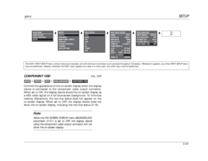 Page 63SETUP
SDP-5
3-23COMPONENT OSD 
ON, OFF
Controls the appearance of the on-screen display when the display
device is connected to the component video output connector.
When set to ON, the display device shows the on-screen display as
a 480i video signal on a full blue-screen background. To minimize
viewing distractions, the two-line status does not appear on the 
on-screen display. When set to OFF, the display device does not
show the on-screen display, including the two-line status (2-18).
Note:When the...