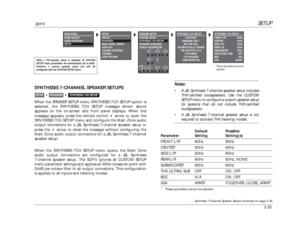 Page 75SETUP
SDP-5
3-35SYNTHESIS 7-CHANNEL SPEAKER SETUPSWhen the SPEAKER SETUP menu SYNTHESIS 7CH SETUP option is
selected, the SYNTHESIS 7CH SETUP message shown above
appears on the on-screen and front panel displays. When this
message appears, press the remote control arrow to open the
SYNTHESIS 7CH SETUP menu and configure the Main Zone audio
output connectors for a JBL Synthesis 7-channel speaker setup or
press the arrow to close the message without configuring the
Main Zone audio output connectors for a...