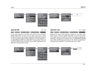 Page 85SETUP
SDP-5
3-45SUB LIMITER
ON, OFF
Limits output signals for the Main Zone audio output connector
labeled Subwoofer, as well as other Main Zone audio output
connectors to which low-frequency signals are redirected. When set
to ON, the SDP-5 restricts output signals to the level specified in
the BASS PEAK LIMITER menu SUB LIMIT ADJ parameter. When set
to OFF, the SDP-5 does not restrict output levels, regardless of the
SUB LIMIT ADJ parameter setting.SUB LIMITER

BASS PEAK LIMITER

LEVELS CALIBRATION...
