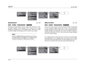 Page 92SETUP
JBL Synthesis
3-52BACKGROUND
ON, OFF
Activates and deactivates the menu background. When set to ON,
on-screen display menus appear over a solid blue or gray
background (depending on the display device). When set to OFF,
on-screen display menus appear over the video input signal. 
Note:When the BACKGROUND parameter is set to OFF, the
on-screen display will disappear if the display deviceis using the component video output connector.
BACKGROUND

ON-SCREEN DISPLAY

DISPLAYS

SETUP
REMOTE STATE
ON,...