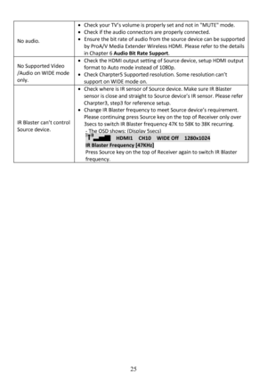 Page 26 
 
 
25
No audio. 
  Check your TV’s volume is properly set and not in " MUTE" mode. 
   Check if the audio connectors are properly connecte d. 
   Ensure the bit rate of audio from the source device  can be supported 
by ProA/V Media Extender Wireless HDMI. Please refe r to the details 
in Chapter 6  Audio Bit Rate Support .   
No Supported Video  
/Audio on WIDE mode  
only.  
  Check the HDMI output setting of Source device, set up HDMI output 
format to Auto mode instead of 1080p.   
...