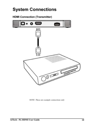 Page 10AITech - 5G HDMI User Guide 10 
System Connections 
HDMI Connection (Transmitter) 
 
 
    NOTE: These are example connections only 
    
     