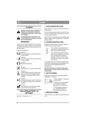 Page 8384
SUOMIFI
YLEISTÄ
Tämä kuvake tarkoittaa VAROITUS. 
Ohjeiden noudattamatta jättäminen 
voi aiheuttaa tapaturman -ja/tai omai-
suusvahingon.
Lue huolella nämä käyttöohjeet sekä 
TURVAOHJEITA-vihkonen- ennen ko-
neen käynnistämistä.
MERKINNÄT
Seuraavia symboleita on käytetty koneen varoitus- 
ja ohjetarroissa. Niiden tarkoitus on muistuttaa si-
nua käytön edellyttämästä huolellisuudesta ja tark-
kaavaisuudesta-.
Symbolien merkitykset:
Varoitus!
Lue käyttöohjekirja ja turvaohjeet ennen 
koneen käyttöä....