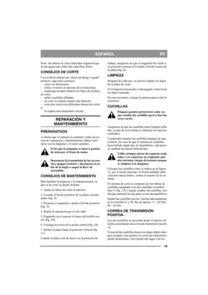 Page 1919
ESPAÑOLES
Nota: las alturas de corte indicadas requieren que 
la má-quina esté sobre una superficie firme. 
CONSEJOS DE CORTE
Con el fin de obtener un “efecto de abrigo vegetal” 
perfecto, siga estos consejos:
- corte con frecuencia;
- utilice el motor al máximo de revoluciones;
- mantenga siempre limpios los bajos de la placa 
de corte;
- utilice cuchillas afiladas; 
- no corte el césped cuando esté húmedo;
- corte dos veces (con diferentes alturas de corte) 
si
el césped está demasiado crecido....