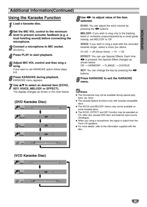 Page 31OPERATION
31
Additional Information(Continued)
Using the Karaoke Function
1 1
Load a karaoke disc.
2
2
Set the MIC VOL control to the minimum
level to prevent acoustic feedback (e.g. a
loud howling sound) before connecting the
microphone.
3 3
Connect a microphone to MIC socket.
( 3.5mm).
4
4
Press PLAY to start playback.
5
5
Adjust MIC VOL control and then sing a
song.
If you want to set KARAOKE option follow steps 
6-8.
6 6
Press KARAOKE during playback.
KARAOKE menu appears.
7
7
Use 3 3
/4 4
to select...