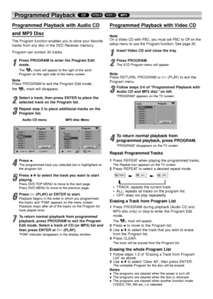 Page 2828
Programmed Playback MP3VCD1.1VCD2.0CD
Programmed Playback with Audio CD 
and MP3 Disc
The Program function enables you to store your favorite
tracks from any disc in the DVD Receiver memory.
Program can contain 30 tracks.
1
Press PROGRAM to enter the Program Edit
mode.
The  mark will appear to the right of the word
Program on the right side of the menu screen.
Note
Press PROGRAM to exit the Program Edit mode;
the mark will disappear.
2
Select a track, then press ENTER to place the
selected track on...