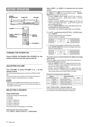 Page 1212 ENGLISH
BEFORE OPERATION
TURNING THE POWER ON
Press POWER 6STANDBY/ON (POWER on the
remote control) to turn the unit on and off.
ADJUSTING VOLUME
Turn VOLUME, or press VOLUME + or - on the
remote control.
The volume level is displayed as a number from MIN(0) to MAX
(80).
The volume level is automatically set to 60 when the power is
turned of f with the volume level set to 61 or higher .
NOTE
• When any one of speaker channel level is set to more than +1
dB (pages 26, 28), the maximum volume level...