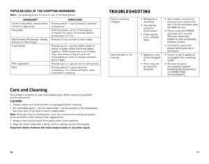 Page 61011
POPULAR USES OF THE CHOPPING WORKBOWL
Note:  Use pulsing action to control size of finished pieces.
INGREDIENT DIRECTIONS
Fresh or dry white, whole wheat, 
French or egg bread  Process about 1 cup (2 slices) to desired 
consistency.
Chocolate Chill chocolate, cut in ½-inch pieces, 
in freezer for about 10 minutes before 
processing 1 to 2 oz. 
Hard cheese (Parmesan, Asiago, 
Romano or Manchego) Process ¾ cup cut into ½-inch cubes. 
Fresh herbs Process	up	to	1	cup	 dry	herbs;	 place	in	
center of...
