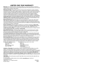 Page 16LIMITED ONE YEAR WARRANTY
Warranty:
This Juiceman® product is warranted by Salton, Inc. to be free from defects in materials or
workmanship for a period of (1) year from the original purchase date. This product warranty covers only the
original consumer purchaser of the product.
Warranty Coverage:
This warranty is void if the product has been damaged by accident in shipment,
unreasonable use, misuse, neglect, improper service, commercial use, repairs by unauthorized personnel,
normal wear and tear,...