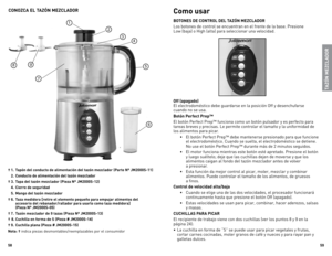 Page 30
8
9

TAZÓN MEZCLADOR
CONOZCA EL TAZÓN MEZCLADOR 
† . Tapón del conducto de alimentación del tazón mezclador (Parte Nº JM000S-)
  .  Conducto de alimentación del tazón mezclador  
† .  Tapa del tazón mezclador (Pieza Nº JM000S-)
  .  Cierre de seguridad
  .  Mango del tazón mezclador  
†  6.  Taza medidora [retire el elemento pequeño para empujar alimentos del 
 
    accesorio del rebanador/rallador para usarlo como taza medidora]...
