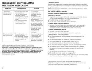 Page 33
6
6

RESOLUCIÓN DE PROBLEMAS  
DEL TAZÓN MEZCLADOR
PROBLEMACAUSA POSIBLESOLUCIÓN
Los alimentos 
están picados de 
modo desparejo.• 
El tazón mezclador está 
demasiado lleno.
•   Tal vez esté haciendo 
funcionar el tazón 
continuamente en vez de 
usar la función Perfect 
Prep™. 
•  Los alimentos pueden 
estar cortados en 
tamaños diferentes. • 
Las cantidades 
más pequeñas se 
procesarán de modo 
más parejo. 
•  Use el botón Perfect 
Prep™ en incrementos 
de 5 segundos o 
menos. Permita que las...