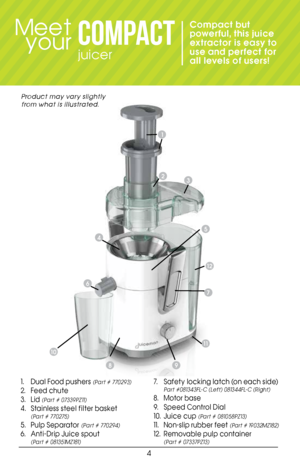 Page 44
Meet your
Compact but 
powerful, this juice 
extractor is easy to 
use and perfect for 
all levels of users! 
1 .  Dual Food pushers (Pa rt # 770293)
2. Feed c h ute
3.  Lid 
(Pa rt # 07339PZ11)
4. Stainless steel filter basket  (Pa rt # 770275)
5. Pulp Separator (Pa rt # 770294)
6. Anti-Drip Juice spout  (Pa r t # 0 81 351 MZ1 81)
7.  Safety locking latch (on each side) Part #081343FL-C (Left) 081344FL-C (Right)
8.  Motor base 
9.   Speed Control Dial
10.  Juice cup 
(Pa rt # 081 058PZ13)
11 ....