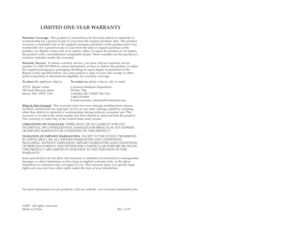 Page 20Model JM503
INSTRUCTIONMANUAL
LIMITED ONE-YEAR WARRANTY
Warranty Coverage: This product is warranted to be free from defects in materials or
workmanship for a period of one (1) year from the original purchase date. This product
warranty is extended only to the original consumer purchaser of the product and is not
transferable. For a period of one (1) year from the date of original purchase of the
product, our Repair Center will, at its option, either (1) repair the product or (2) replace
the product with...