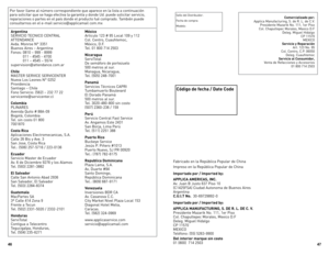 Page 24
6
7

Sello del Distribuidor:
Fecha de compra:
Modelo:
Comercializado por:Applica Manufacturing, S. de R. L. de C.V. Presidente Mazarik No. 111, 1er Piso Col. Chapultepec Morales, Mexico D.F Deleg. Miguel Hidalgo CP 11570MEXICOServicio y ReparaciónArt. 123 No. 95  Col. Centro, C.P. 06050 Deleg. CuauhtemocServicio al Consumidor,Venta de Refacciones y Accesorios01 800 714 2503
Código de fecha / Date Code
Argentina SERVICIO TECNICO CENTRAL ATTENDANCE Avda. Monroe N° 3351 Buenos Aires – Argentina...