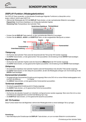 Page 22D - 22
SONDERFUNKTIONEN
DV D
DISPLAY-Funktion (Wiedergabefunktion)
Die DISPLAY-Taste verwenden, um die aktuellen Einstellungen folgender Funktionen zu überprüfen und zu
ändern: ANGLE, AUDIO oder SUBTITLE.
 Während der Wiedergabe der DVD die DISPLAY-Taste drücken, um den nachstehenden Bildschirm anzuzeigen.
Elapsed time: Verstrichene Spieldauer vom Anfang des laufenden Kapitels.
Remaining Time: Restspieldauer des laufenden Titels.
 Drücken Sie die DISPLAY-Taste zweimal, um den nachstehenden Bildschirm...