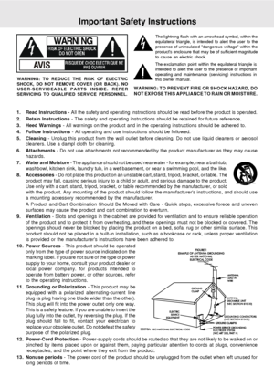 Page 2E - 1
Important Safety Instructions
WARNING: TO REDUCE THE RISK OF ELECTRIC
SHOCK, DO NOT REMOVE COVER (OR BACK). NO
USER-SERVICEABLE PARTS INSIDE. REFER
SERVICING TO QUALIFIED SERVICE PERSONNEL.
WARNING
The lightning flash with an arrowhead symbol, within the
equilateral triangle, is intended to alert the user to the
presence of uninsulated dangerous voltage within the
products enclosure that may be of sufficient magnitude
to cause an electric shock.
The exclamation point within the equilateral triangle...