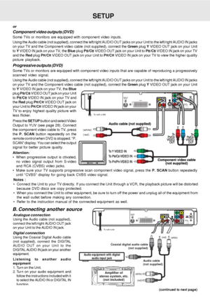 Page 13E - 12
SETUP
(continued to next page) (continued to next page)(continued to next page) (continued to next page)
(continued to next page)
Analogue connection
Using the Audio cable (not supplied),
connect the left/right AUDIO OUT jack
on your Unit to the AUDIO IN jack.
Digital connection
Using the Coaxial Digital Audio cable
(not supplied), connect the DIGITAL
AUDIO OUT on your Unit to the
DIGITAL AUDIO IN jack on your another
equipment.
Listening to another audio
equipment
1. Turn on the Unit.
2. Turn on...