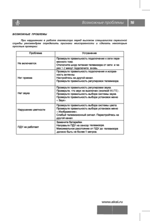 Page 17
16
ВОЗМОЖНЫЕ  ПРОБЛЕМЫ
              При  нарушениях  в  работе  телевизора  перед  вызовом  специалиста  сервисной службы  рекомендуем  определить  признаки  неисправности  и  сделать  некоторые простые проверки:
.
-.-1-2.-...
.,(MUTE)..
«».
.
«»...
..
5.
Возможные проблемы
 