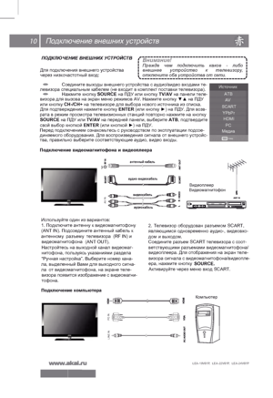 Page 11ИсточникАТВAV
SCART YPbPr HDMI
PC
Медиа
ВводENTER
Подключение внешних устройств
ПО ДКЛЮ ЧЕНИЕ ВНЕШНИХ У СТРОЙС ТВ 
Для по дклю чения внешне го у стройст ва 
чере з низк очаст отный вх од: 
  Соедините выходы внешнего устройства с аудио/видео входами те-  
левизора специальным кабелем (не входит в комплек т поставки телевизора).
  Нажмите кнопку SOURCE на ПДУ или кнопку TV/AV на панели теле-
визора для вызова на экран меню режим ов AV. Нажми те кнопку ▼▲ на ПДУ 
Перед подключением ознакомь тесь с...