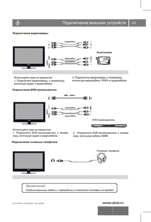 Page 11Подключение внешних устройств
Подключение видеокамеры
Примечание!
Соединительные кабели и переходники в комплект поставки не входят .
Используйте один из вариантов:
1. Подключите видеокамеру  к телевизору, 
используя аудио и видеокабели.  2. Подключите видеокамеру к телевизору,
используя видеокабель YPbPr и аудиокабели.  
Подключение головных телефонов
Головные телефоны
YPb
PrYPb
Pr
Подключение DVD-проигрывателя
Используйте один из вариантов:
1.  Подключите  DVD-проигрыватель  к  телеви-
зору, используя...