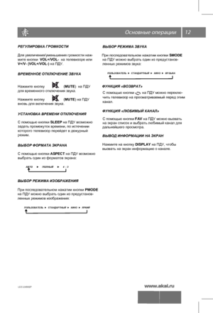 Page 1312
LEC-24S02P 
 
ВЫБОР РЕЖИМА ЗВУКА
При последовательном нажатии кнопки  SMODE 
на ПДУ можно выбрать один из предустанов-
  ленных режимов звука: 
Нажмите на кнопку  DISPLAY на ПДУ, чтобы 
вызвать на экран информацию о канале.
РЕГУЛИРОВКА ГРОМКОСТИ
Нажмите кнопку                   (
MUTE)  на ПДУ 
для временного отключения звука.
Нажмите кнопку                   ( MUTE) на ПДУ 
вновь для включения звука. 
С помощью кнопки  SLEEP на ПДУ возможно
задать промежуток времени, по истечении 
которого телевизор...