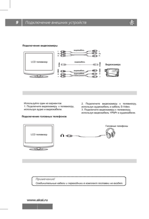 Page 10 \
 
Подключение видеокамеры
Примечание!
Соедините льные кабе ли и переходники в комплек т поставки не вх одят.
LCD т елевиз ор
Используйте один из вариантов:
1. Подключите видеокамеру  к телевизору, 
используя аудио и видеокабели.   2. 
Подключит е видеокамеру  к  телевизору, 
используя аудиокабель и кабель S-Video. 
3. Подключите видеокамеру к телевизору,
используя видеокабель YPbPr и аудиокабели.  
Подключение головных телефонов
LCD т елевиз ор
Го л овные т елефоны
Y
P b
P r Y
P
b
P r
 