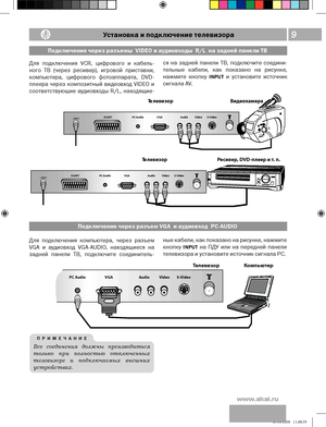 Page 109 
XXXBLBJSV
Установка и подключение телевизора
ПРИМЕЧАНИЕ
Все  соединения  должны  производиться 
только  при  полностью  отк люченных 
телевизоре  и  подключаемых  внешних 
устройствах.
Для  подключения  VCR,  цифрового  и  кабель-
ного  ТВ  (через  ресивер),  игровой  приставки, 
компьютера,  цифрового  фотоаппарата,  DVD-
плеера  через  композитный  видеовход  VIDEO  и 
соответствующие  аудиовходы  R/L,  находящие-
Подключение через разъемы  VIDEO и аудиовходы  R/L  на задней панели ТВ
Подключение...