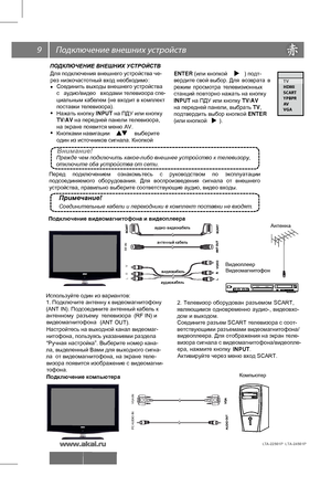 Page 10 \
 9
 
ПОДКЛЮЧЕНИЕ ВНЕШНИХ УСТРОЙСТВ 
•  
•  
•  
Нажать кнопку INPUT на ПДУ или кнопку
TV/AV на передней панели телевизора, 
на экране появится меню AV.
Кнопками навигации                выберите 
один из источников сигнала. Кнопкой  
Внимание!Прежде чем подключить какое-либо внешнее устройство к телевизору, 
отключите оба устройства от сети.
ENTER (или кнопкой           ) подт-
вердите свой выбор. Для  возврата  в 
режим  просмотра  телевизионных 
станций повторно нажать на кнопку 
INPUT на ПДУ или...