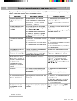 Page 20
0 
XXXBLBJSV

Возможные проблемы и методы их устраненияОсновные технические характеристики
ПроблемаВозможные причиныПорядок устранения
Нет изображения, звука, 
индикатор питания не 
горит. 1. Не подключен шнур питания.
2. Нет напряжения в электросети.
3. Сетевой выключатель стоит в 
положении 
O
 («выкл.»). 1. Подсоедините шнур питания. Про
-
верьте электросеть.
2. Нажмите клавишу сетевого выклю
-чателя
Нет изображения, звука, 
и индикатор питания 
— синий. 1. Контраст, четкость, цвет и гром
-...