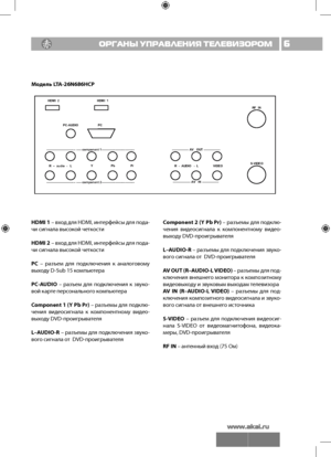 Page 76ОРГАНЫ УПРАВЛЕНИЯ ТЕ\
ЛЕВИЗОРОМ
HDMI 1 – вход для HDMI, интерфейсы для пода-
чи сигнала высокой четкости
HDMI 2 – вход для HDMI, интерфейсы для пода-
чи сигнала высокой четкости
PC  –  разъем  для  подключения  к  аналоговому 
выходу D-Sub 15 компьютера 
PC-AUDIO  –  разъем  для  подключения  к  звуко-
вой карте персонал\bного комп\bютера
Component 1 (Y Pb Pr) – разъемы для подклю-
чения  видеосигнала  к  компонентному  видео-
выходу DVD-проигрывателя
L–AUDIO-R – разъемы для подключения звуко-
вого...