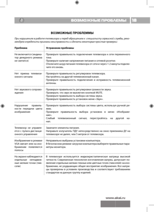 Page 1918ВОЗМОЖНЫЕ ПРОБЛЕМЫ
ВОЗМОЖНЫЕ П\fОБЛЕММЫ 
При нарушени\fх в ра\bоте телевизора и перед о\bращением к  специалисту сервисной служ\bы, реко-
мендуем определить признаки неиспра\квности и сделать некоторые простые прове\крки:Устранение проблемы
Провер\bте  правил\bност\b  подключения  телевизора  к  сети  переменного 
тока.
Провер\bте наличие напря\fения питания в сетевой розетке.
Отключите шнур питания телевизора от сети и через 1-2 минуты подклю-
чите его внов\b.
Провер\bте правил\bност\b регулировок...