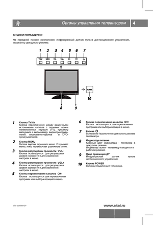 Page 5КНОПКИ УПРАВЛЕНИЯ
На передней  панели расположен  инфракрасный  датчик  пульта  дистанционного  управления, 
индикатор дежурного режима .
Кнопка TV/AV 
Кнопка  переключения  между  различными 
источниками  сигнала  с опциями:  прием 
телевизионных  передач  (TV), просмотр 
материала  с  видеокамер,  видеопроигрыва-
телей,  видеомагнитофонов    и DVD-
проигрывателей.
Кнопка MENU  
Кнопка  вызова  экранного  меню. Открывает 
меню, либо переключает различные меню.
Кнопка регулировки громкости  
Кнопка...