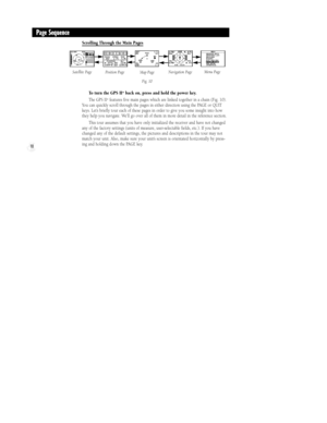 Page 16Scrolling Through the Main Pages
To turn the GPS II
+back on, press and hold the power key.
The GPS II
+features five main pages which are linked together in a chain (Fig. 10).
You can quickly scroll through the pages in either direction using the PAGE or QUIT
keys. LetÕs briefly tour each of these pages in order to give you some insight into how
they help you navigate. WeÕll go over all of them in more detail in the reference section.
This tour assumes that you have only initialized the receiver and...