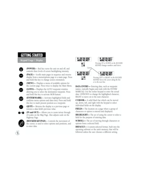 Page 122
GETTING STARTED
Keypad Usage /  Display
 (POWER)— Red key turns the unit on and off, and 
controls three levels of screen backlighting intensity.
 ( P A G E )— Scrolls main pages in sequence and returns 
display from a menu/options page to a main page. Press 
and hold this key to change screen orientation.
 (MENU)— Displays a menu of available options for 
the current page. Press twice to display the Main Menu.
 ( G O T O )— Displays the GOTO waypoint window, 
allowing you to select the destination...