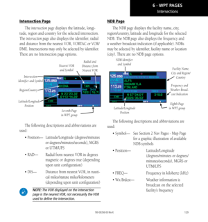 Page 139129
Intersections
Intersection Page
The intersection page displays the latitude, longi-
tude, region and country for the selected intersection. 
The intersection page also displays the identifier, radial 
and distance from the nearest VOR, VORTAC or VOR/
DME. Intersections may only be selected by identifier. 
There are no Intersection page options. 
Nearest VOR  and Symbol
Intersection  
Identifier and Symbol
Region/Country
Seventh Page 
in WPT group
Latitude/Longitude  Position
Radial and 
Distance from...