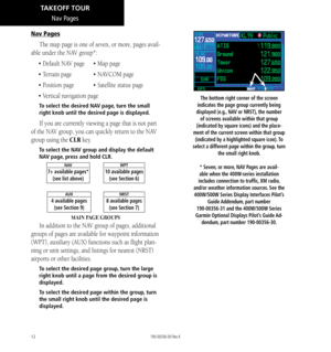 Page 2212
Nav Pages
The map page is one of seven, or more, pages avail-
able under the NAV group*: 
•  Default NAV page  • Map page 
•  Terrain page   • NAVCOM page 
•  Position page  • Satellite status page 
•  Vertical navigation page
To select the desired NAV page, turn the small 
right knob until the desired page is displayed. 
If you are currently viewing a page that is not part 
of the NAV group, you can quickly return to the NAV 
group using the CLR key. 
To select the NAV group and display the default...