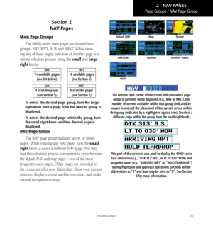 Page 3929
Section 2   
NAV Pages
Main Page Groups
The 400W-series main pages are divided into 
groups: NAV, WPT, AUX and NRST. While view-
ing any of these pages, selection of another page is a 
simple selection process using the small and large 
right knobs. 
NAV
7+ available pages (see list below)
WPT
10 available pages  (see Section 6)
AUX
4 available pages (see Section 9)
NRST
8 available pages (see Section 7)
To select the desired page group, turn the large 
right knob until a page from the desired group...