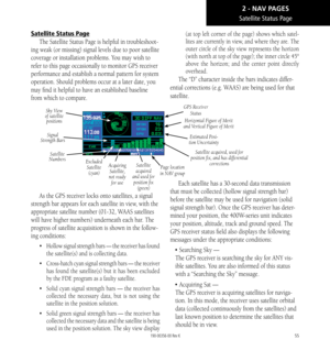 Page 6555
Satellite Status Page
Satellite Status Page
The Satellite Status Page is helpful in troubleshoot-
ing weak (or missing) signal levels due to poor satellite 
coverage or installation problems. You may wish to 
refer to this page occasionally to monitor GPS receiver 
performance and establish a normal pattern for system 
operation. Should problems occur at a later date, you 
may find it helpful to have an established baseline 
from which to compare. 
GPS Receiver StatusSky View 
of satellite  positions...