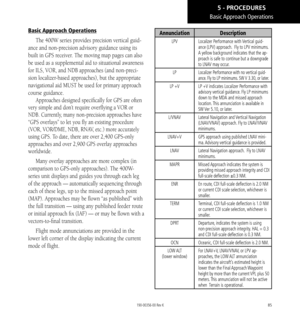 Page 9585
Basic Approach  Operations
Basic Approach Operations
The 400W series provides precision vertical guid-
ance and non-precision advisory guidance using its 
built in GPS receiver. The moving map pages can also 
be used as a supplemental aid to situational awareness 
for ILS, VOR, and NDB approaches (and non-preci-
sion localizer-based approaches), but the appropriate 
navigational aid MUST be used for primary approach 
course guidance. 
Approaches designed specifically for GPS are often 
very simple and...