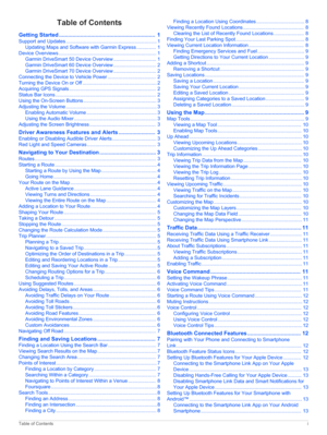 Page 3Table of Contents
Getting Started...............................................................1
SupportandUpdates..................................................................1
UpdatingMapsandSoftwarewithGarminExpress..............1
DeviceOverviews.......................................................................1
GarminDriveSmart50DeviceOverview...............................1
GarminDriveSmart60DeviceOverview...............................2...