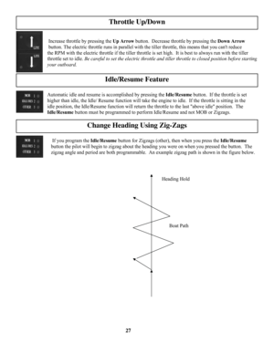 Page 27
27
Heading Hold 
Boat Path 
Change Heading with Zigzags 
 If you program the Idle/Resume button for Zigzags (other), then when you press the Idle/Resume
button the pilot will begin to zigzag about the heading you were on when you pressed the button.  The 
zigzag angle and period are both programmable.  An example zigzag path is shown in the figure below. 
Automatic idle and resume is accomplished by pressing the Idle/Resume button.  If the throttle is set 
higher than idle, the Idle/ Resume function...