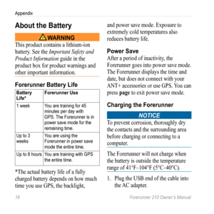 Page 2018 Forerunner 210 Owner’s Manual
Appendix
About the Battery
 WARNINg
This product contains a lithium-ion 
battery. See the Important Safety and 
Product Information guide in the 
product box for product warnings and 
other important information.
Forerunner Battery Life
Battery 
Life* Forerunner Use
1 week
You are training for 45 
minutes per day with 
GPS. The Forerunner is in 
power save mode for the 
remaining time.
Up to 3 
weeks You are using the 
Forerunner in power save 
mode the entire time.
Up...