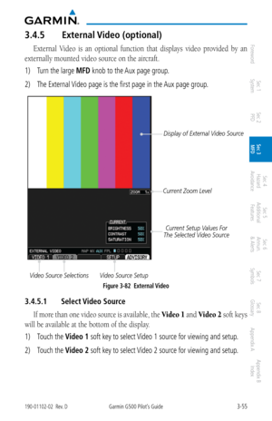 Page 1273-55190-01102-02  Rev. DGarmin G500 Pilot’s Guide
ForewordSec 1 
System Sec 2 
PFD Sec 3 
MFD Sec 4 
Hazard 
Avoidance
Sec 5 
Additional  Features Sec 6 
Annun. 
& Alerts Sec 7 
Symbols Sec 8 
Glossary Appendix A Appendix B 
Index
3.4.5  External Video (optional)
External  Video  is  an  optional  function  that  displays  video  provided  by  an 
externally mounted video source on the aircraft. 
1)  Turn the large MFD knob to the Aux page group. 
2)  The External Video page is the first page in the Aux...