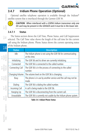Page 1343-62Garmin G500 Pilot’s Guide190-01102-02  Rev. D
Foreword
Sec 1 
System
Sec 2 
PFD
Sec 3 
MFD
Sec 4 
Hazard 
Avoidance
Sec 5 
Additional  Features
Sec 6 
Annun. 
& Alerts
Sec 7 
Symbols
Sec 8 
Glossary
Appendix A
Appendix B 
Index
3.4.7  Iridium Phone Operation (Optional)
Optional  satellite  telephone  operation  is  available  through  the  Iridium® 
satellite system that is interfaced through the Garmin GSR 56. 
 CAUTION:   When  interfaced  with  a  GSR56  Iridium  transceiver  only  one  SD card...