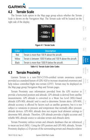 Page 1594-3190-01102-02  Rev. DGarmin G500 Pilot’s Guide
ForewordSec 1 
System Sec 2 
PFD Sec 3 
MFD Sec 4 
Hazard 
Avoidance
Sec 5 
Additional  Features Sec 6 
Annun. 
& Alerts Sec 7 
Symbols Sec 8 
Glossary Appendix A Appendix B 
Index
4.2  t errain Scale
The  Terrain  Scale  option  in  the  Map  page  group  selects  whether  the  Terrain 
Scale  is  shown  on  the  Navigation  Map.  The  Terrain  scale  will  be  located  on  the 
right side of the display. 
Figure 4-1  Terrain Scale
Color Description...