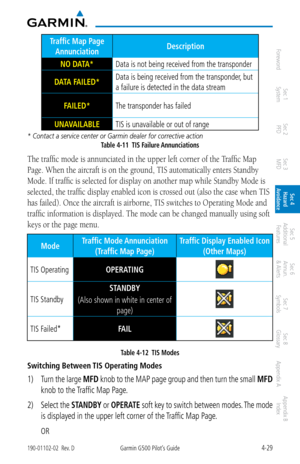 Page 1854-29190-01102-02  Rev. DGarmin G500 Pilot’s Guide
ForewordSec 1 
System Sec 2 
PFD Sec 3 
MFD Sec 4 
Hazard 
Avoidance
Sec 5 
Additional  Features Sec 6 
Annun. 
& Alerts Sec 7 
Symbols Sec 8 
Glossary Appendix A Appendix B 
Index
Traffic Map Page 
Annunciation Description
NO DATA* Data is not being received from the transponder
DATA FAILED* Data is being received from the transponder, but 
a failure is detected in the data stream
FAILED* The transponder has failed
UNAVAILABLE TIS is unavailable or out...