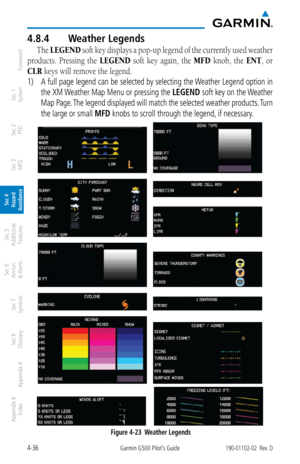 Page 1924-36Garmin G500 Pilot’s Guide190-01102-02  Rev. D
Foreword
Sec 1 
System
Sec 2 
PFD
Sec 3 
MFD
Sec 4 
Hazard 
Avoidance
Sec 5 
Additional  Features
Sec 6 
Annun. 
& Alerts
Sec 7 
Symbols
Sec 8 
Glossary
Appendix A
Appendix B 
Index
4.8.4  Weather Legends
The LEGEND soft key displays a pop-up legend of the currently used weather 
products.  Pressing  the  LEGEND  soft  key  again,  the  MFD  knob,  the ENT,  or 
CLR keys will remove the legend. 
1)  A full page legend can be selected by selecting the...